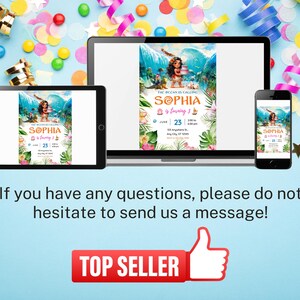Op de afbeelding: Een digitale uitnodiging voor een 3e verjaardagsfeest met een Moana-thema. De uitnodiging bevat een cartoonafbeelding van Moana met de tekst "De oceaan roept Sophia wordt 3" en een datum en tijd voor het feest.