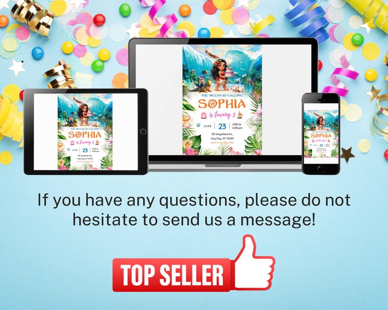 Op de afbeelding: Een digitale uitnodiging voor een 3e verjaardagsfeest met een Moana-thema. De uitnodiging bevat een cartoonafbeelding van Moana met de tekst "De oceaan roept Sophia wordt 3" en een datum en tijd voor het feest.