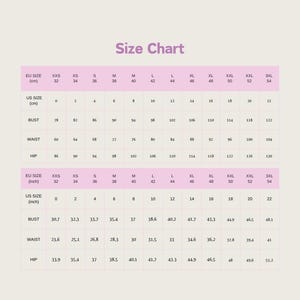 May include: A size chart showing measurements in centimetres and inches. The chart includes EU and US sizes, bust, waist, and hip measurements. The text "Size Chart" is at the top in a purple font.