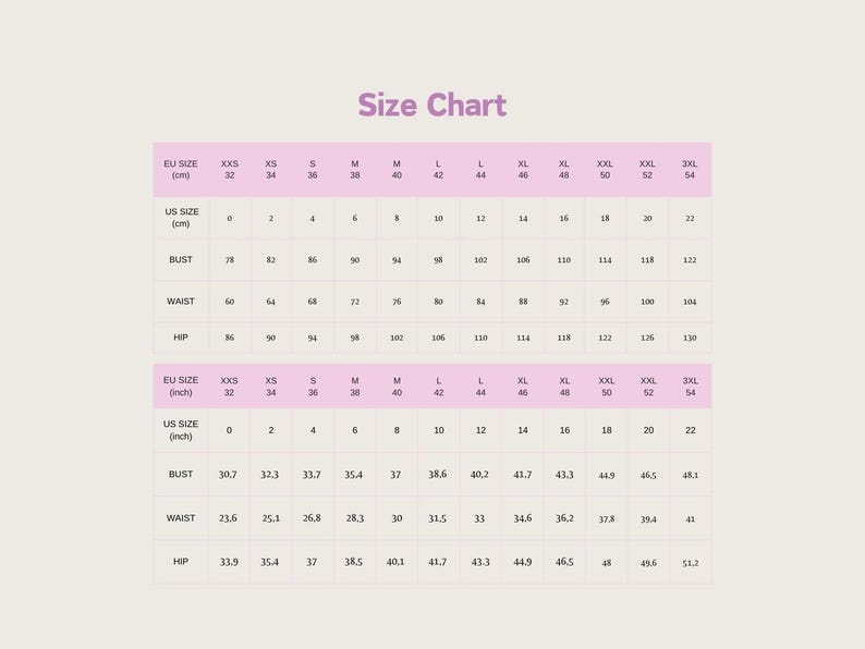 May include: A size chart showing measurements in centimetres and inches. The chart includes EU and US sizes, bust, waist, and hip measurements. The text "Size Chart" is at the top in a purple font.