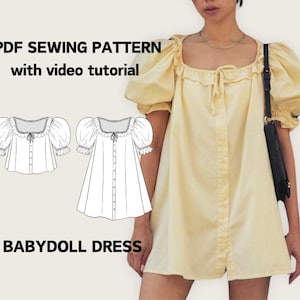 Puede incluir: Vestido babydoll amarillo claro con mangas abullonadas y escote cuadrado. El vestido tiene una parte delantera abotonada y un detalle de lazo en el escote. La imagen también incluye un patrón de costura PDF con un tutorial en vídeo. El texto de la imagen dice "BABYDOLL DRESS".