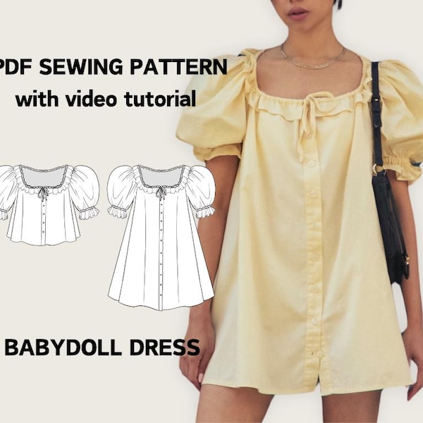 Babydoll Ruffle Neck Tie Puff Sleeve Blouse Dress | PDF Digital Sewing Pattern EU 32-54 US 0-22 | Instant Download | Mathilde Blouse Pattern