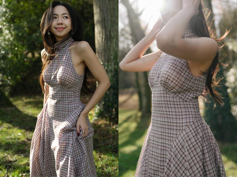 May include: A halter-neck plaid dress in shades of brown, pink, and black. The dress features a fitted bodice and a flared skirt. The fabric has a classic check pattern. The dress is suitable for a variety of occasions.