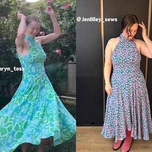 May include: Two halter-neck dresses with floral patterns. One is green, blue, and white, the other teal with pink heart-shaped flowers. The dresses are knee-length with flared skirts. The text "@by_kathryn_tess" and "@Jenlilley_sews" are visible.