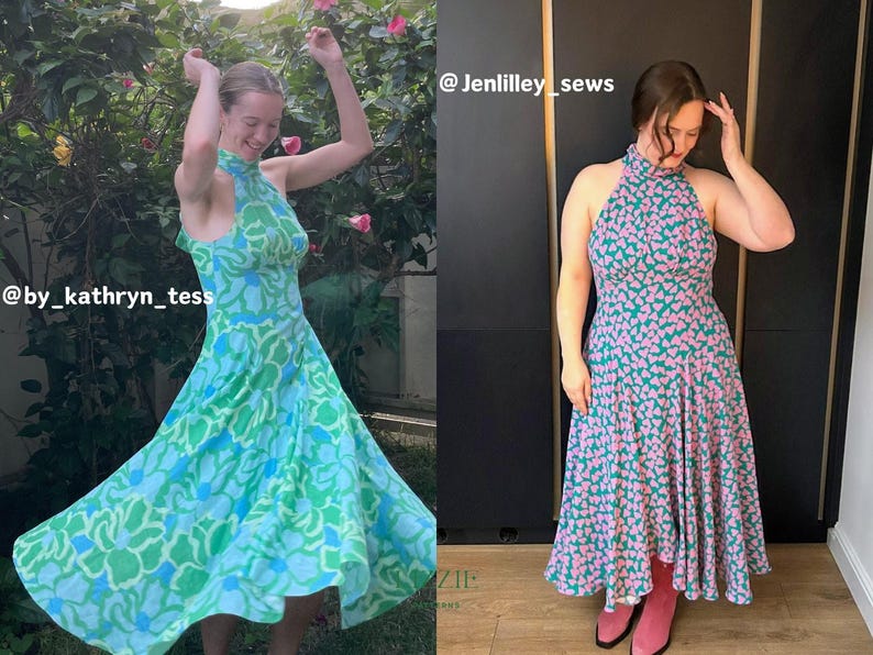 May include: Two halter-neck dresses with floral patterns. One is green, blue, and white, the other teal with pink heart-shaped flowers. The dresses are knee-length with flared skirts. The text "@by_kathryn_tess" and "@Jenlilley_sews" are visible.