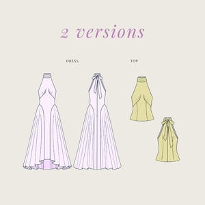 May include: Illustration of two dress designs and two top designs. The dresses are light pink with a halter neckline. The tops are light yellow with a halter neckline. The text "2 versions" is at the top.