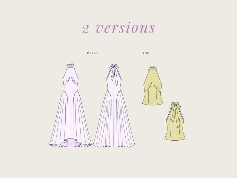 May include: Illustration of two dress designs and two top designs. The dresses are light pink with a halter neckline. The tops are light yellow with a halter neckline. The text "2 versions" is at the top.