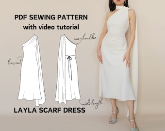 One Shoulder Cocktail Scarf Dress PDF Digital Sewing Pattern - EU 34-52 US 2-20 - Instant Download - Layla Bias Cut Dress