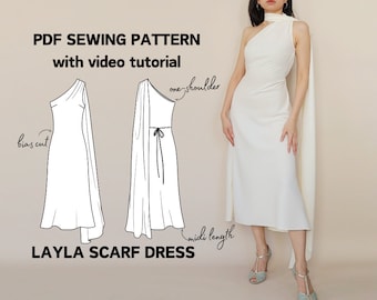 One Shoulder Scarf Dress Sewing Pattern: Layla Bias Cut Midi (PDF Digital Download)