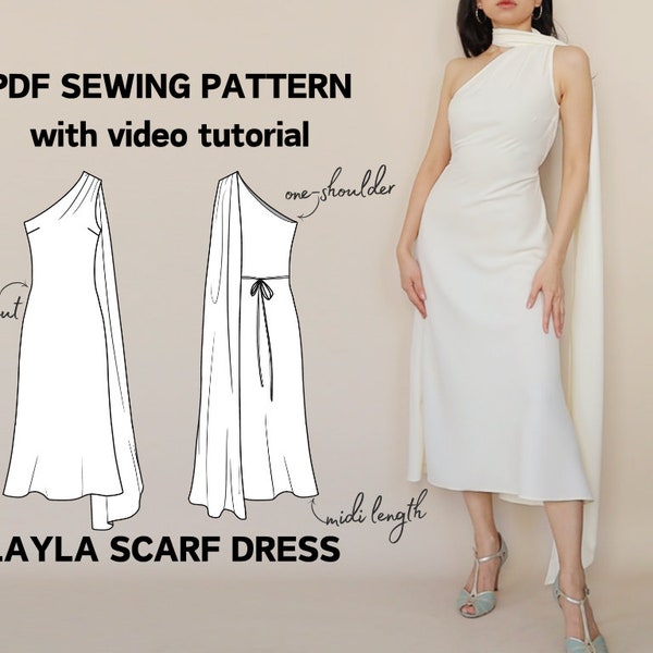 One Shoulder Cocktail Scarf Dress PDF Digital Sewing Pattern - EU 34-52 US 2-20 - Instant Download - Layla Bias Cut Dress