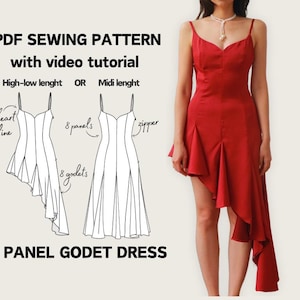 Könnte beinhalten: Ein Schnittmuster für ein Panel-Godet-Kleid mit einem Sweetheart-Ausschnitt. Das Schnittmuster enthält Anleitungen für ein Kleid in High-Low- und Midi-Länge. Das Kleid besteht aus 8 Panels und 8 Godets. Das Schnittmuster enthält ein Video-Tutorial.