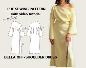 Asymmetric Off-Shoulder Dress or Top PDF Digital Sewing Pattern - EU 34-52 US 2-20 - Instant Download - Bella Dress Pattern