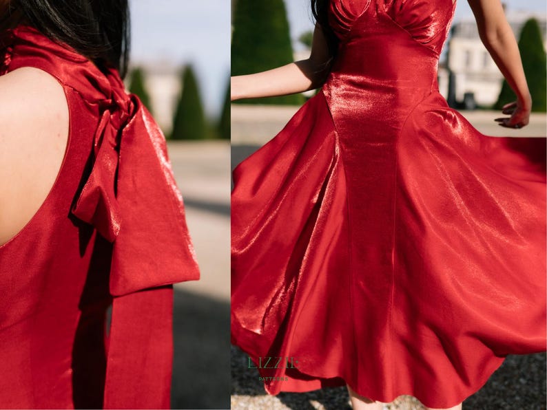 May include: A bright red dress with a flowing skirt and a high neckline. The dress has a large bow detail at the back and is made of a shiny, silky material. The dress is suitable for formal events.