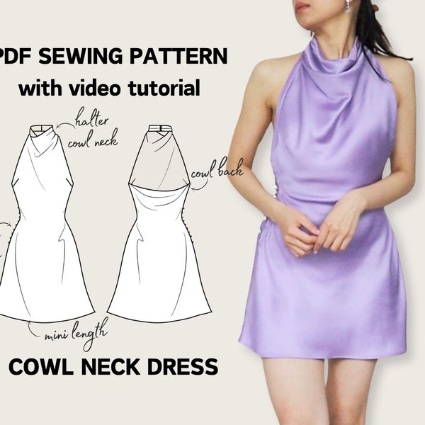 Halter Cowl Neck Summer Dress PDF Digital Sewing Pattern - EU 34-52 US 2-20 - Instant Download - Sienna Bias Cut Mini Dress