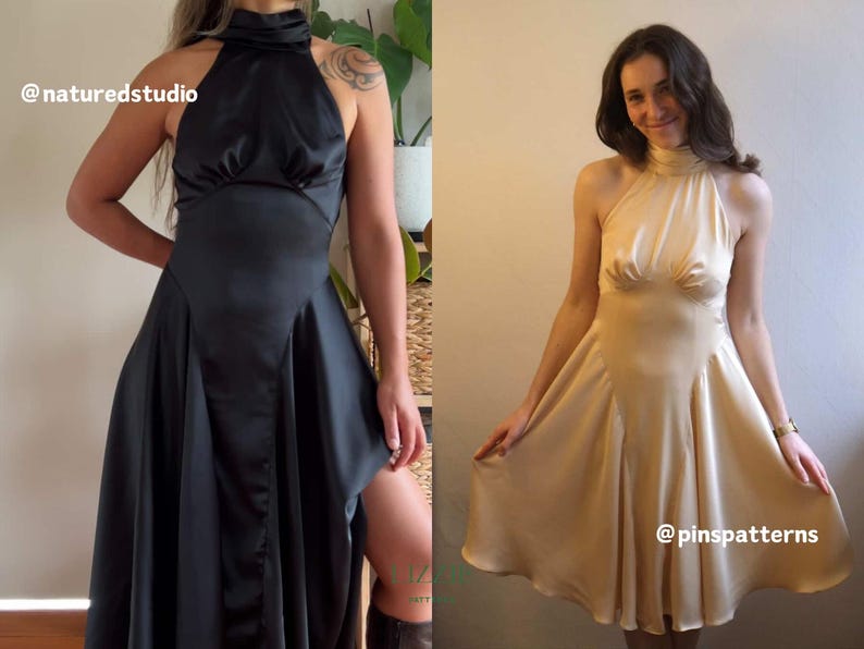 May include: Two satin dresses are shown, one black and one champagne. Both have a halter neckline and flared skirt. The black dress features a thigh-high slit. The dresses are examples of formal wear.