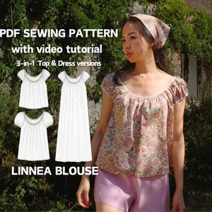 May include: A PDF sewing pattern for the Linnea blouse featuring a 3-in-1 top and dress version with a video tutorial. The image displays a floral print blouse with a scoop neckline and short sleeves, alongside a matching headscarf.