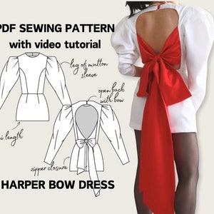 Low back mini dress with bow ties and puff sleeves PDF Digital Sewing Pattern - EU 34-44 US 2-12 - Harper Bow Dress