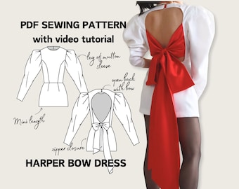 May include: A white dress with a large red bow on the back. The dress has a mini length and leg of mutton sleeves. The dress has a zipper closure. The text "PDF SEWING PATTERN with video tutorial" and "HARPER BOW DRESS" is visible on the image.