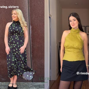 May include: Two women modelling different outfits. One wears a black halter dress with green polka dots. The other is in a yellow halter top and a black skirt. The image includes the text "@two.sewing.sisters" and "@rimidubana".