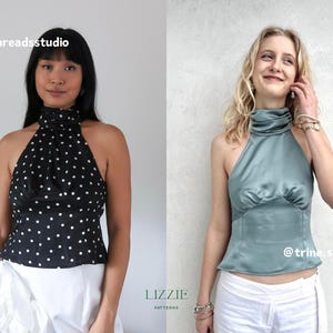 May include: Two women wearing halter tops. One is black with white polka dots, the other is teal. Both tops have a high neck and are sleeveless. The text "LIZZIE PATTERNS" is visible.