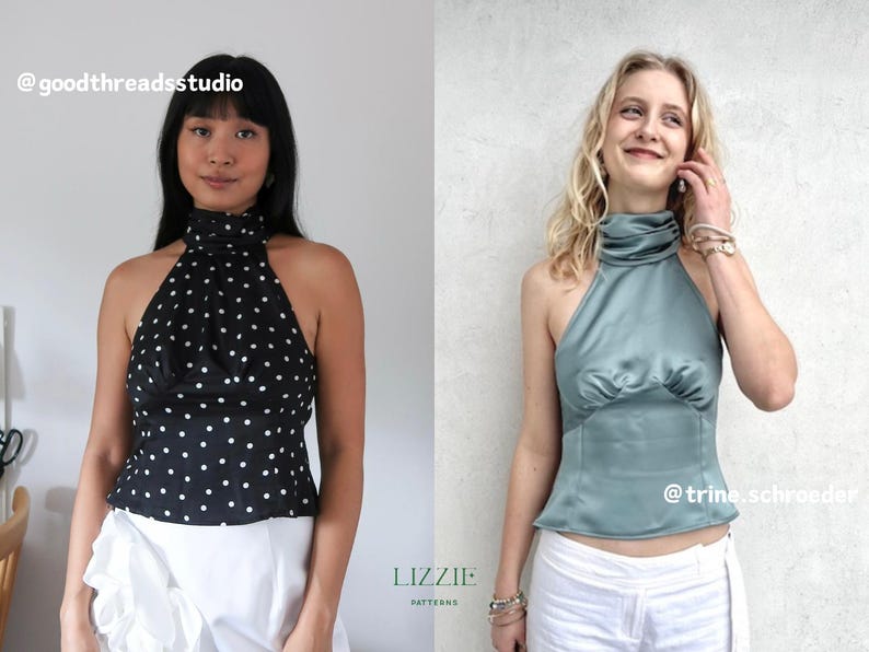 May include: Two women wearing halter tops. One is black with white polka dots, the other is teal. Both tops have a high neck and are sleeveless. The text "LIZZIE PATTERNS" is visible.