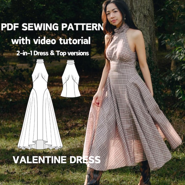 Halter Neck Tie Dress and Top Sewing Pattern with Bust Pleats Side Panels | Valentine dress PDF Download