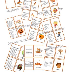 May include: A collection of rectangular cards featuring autumn-themed songs and rhymes, each with a brown border and illustrations including pumpkins, turkeys, apples, acorns, and scarecrows, with the text Daycaremamanotes overlaid across the cards.