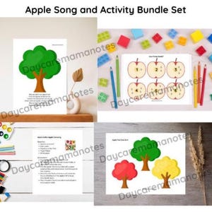 May include: Apple Song and Activity Bundle Set featuring four printed pages with illustrations of apple trees, numbered apples, and instructional text for crafts, accompanied by colorful plastic building blocks and colored pencils.
