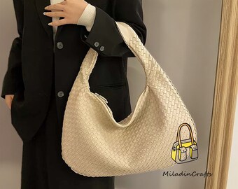 Sac à bandoulière en cuir végétalien, sac pour boulettes en cuir, sac de créateur, sac tissé avec noeuds, grand sac à bandoulière, sac à main en cuir entrelacé, cadeau pour elle