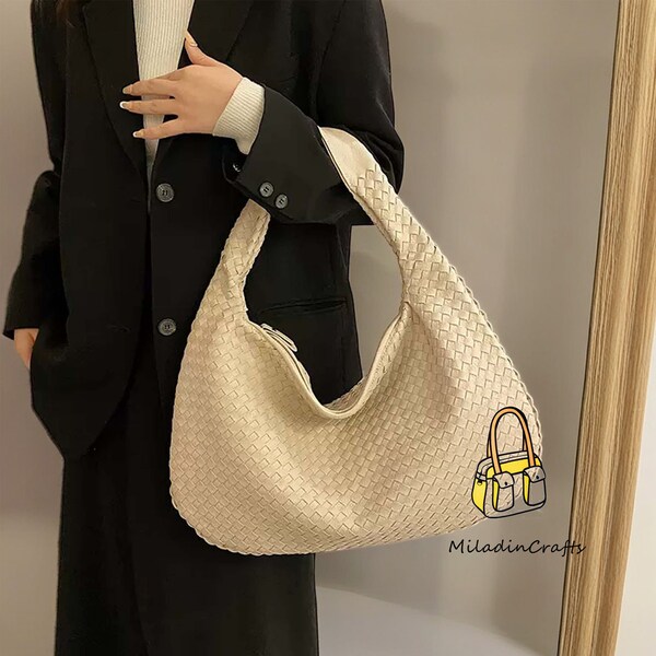 Sac à bandoulière en cuir végétalien, sac pour boulettes en cuir, sac de créateur, sac tissé avec noeuds, grand sac à bandoulière, sac à main en cuir entrelacé, cadeau pour elle