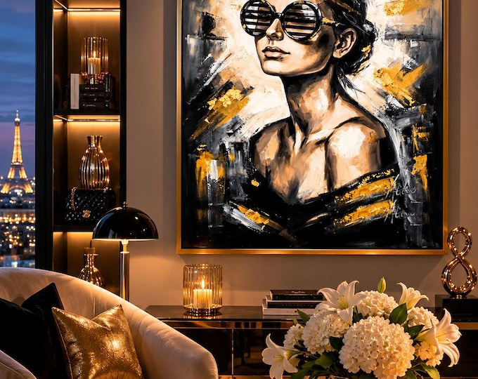 Gold Flash Portrait Oil Painting Print | Shutter Sunglasses Woman Wall Art (Digital Download)