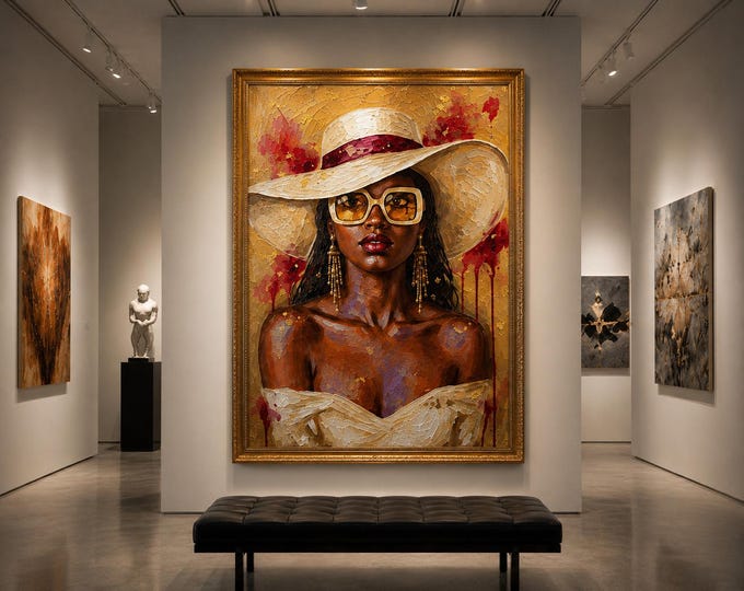 Golden Summer Queen Oil Painting Print | Black Woman Coastal Glam Wall Decor (Digital Download)