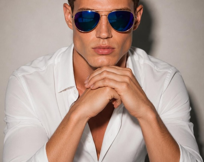 Aviator Sunglasses for Men, Gold Frame Blue Gradient – Effortless Power! FOR SURE.
