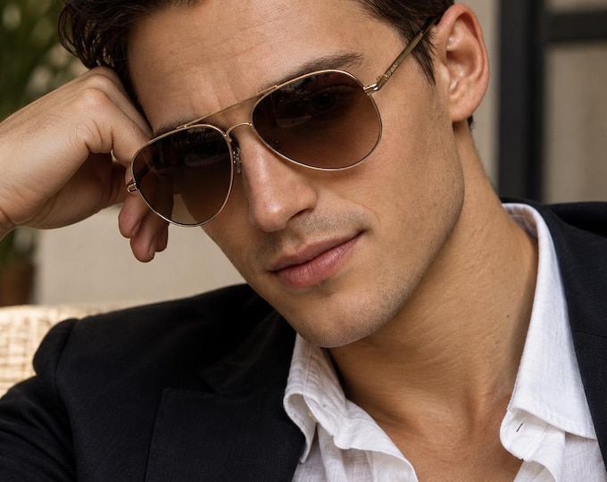 Aviator Sunglasses for Men, Gold Frame Brown Gradient – Effortless Power! FOR SURE.