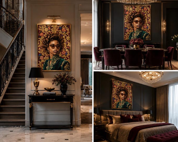 Regal Black Queen Portrait, Maximalist Baroque Wall Art (Digital Download)