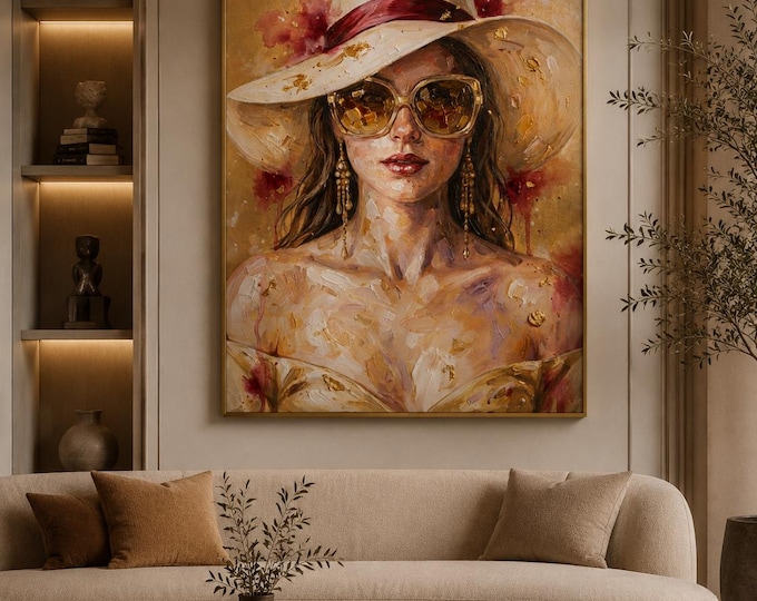 Golden Hat Woman Portrait Oil Painting Print | Luxury Fashion Wall Art (Digital Download)