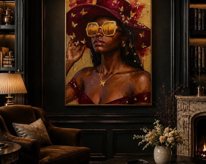 Dubai Butterfly Queen Portrait | Burgundy Gold Oil Painting (Digital Download)