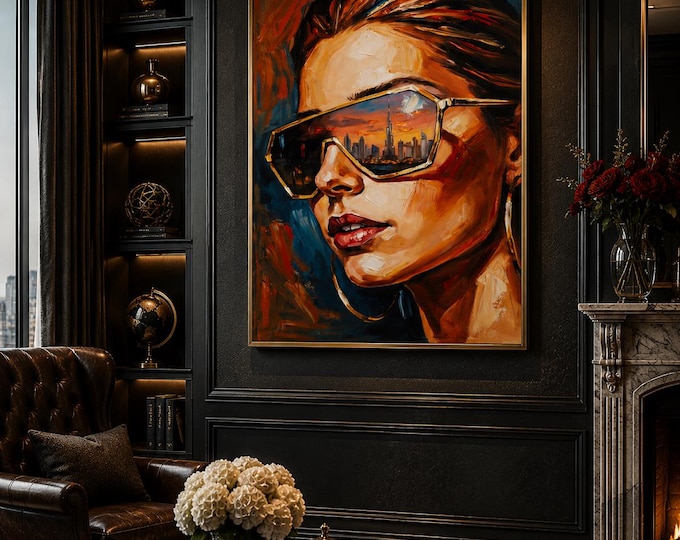 Dubai Woman Portrait Oil Painting | Burj Khalifa Sunset Reflection Sunglasses (Digital Download)
