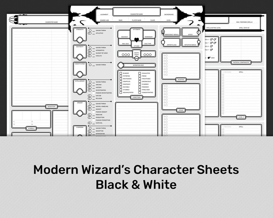 D&D 5e Character Sheets, Form Fillable, Black and White Bundle - Etsy ...