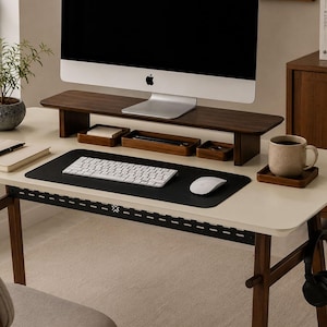Stativ för dubbla skärmar i massivt granträ: Ergonomisk skrivbordsorganisatör, minimalistisk förvaring för hemmakontoret