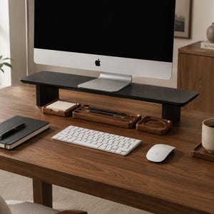 Walnut Monitor Stand Riser: Ergonomic Wood Desk Organizer, Minimalist Home Office Shelf