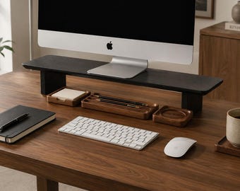 Oak Monitor Stand with Storage, Ergonomic Desk Organizer, Wood Shelf (31 or 38 Inch)