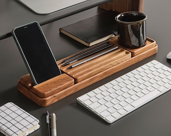 Handmade Beech Wood Desk Organizer Set: Minimalist Office Storage