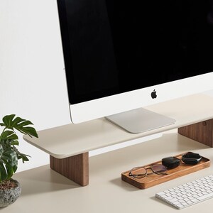 Wood Monitor Stand Riser: Anthracite & Cream Ergonomic Desk Organizer, Modern Workspace Accessory