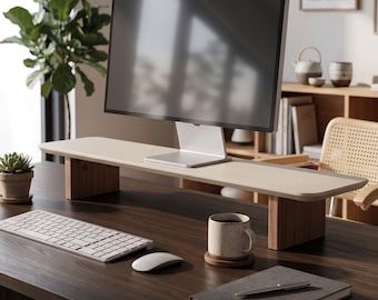 Minimalistische houten monitorstandaard met opbergruimte, ergonomische bureauplank (79 cm of 96 cm)