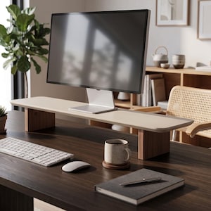 Ergonomische monitorstandaard/verhoger: moderne bureau-organizer met plank, antraciet en crème