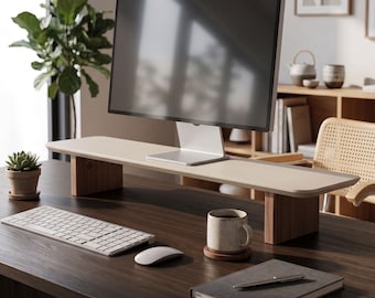 Houten monitorstandaard met opbergruimte, ergonomische bureauplank, laptopverhoger (antraciet/crème)