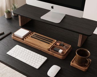 Handmade Beech Wood Desk Organizer Set: Minimalist Office Storage