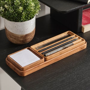 Beech Wood Desk Organizer Set: Minimalist Pen & Notes Tray, Modern Home Office Storage
