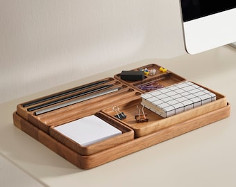 Beech Wooden Desk Organizer Set: Minimalist Wood Tray, Handmade Office Set